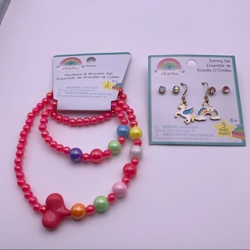 Girls Pink Unicorn Earrings, Necklace and Bracelet Set